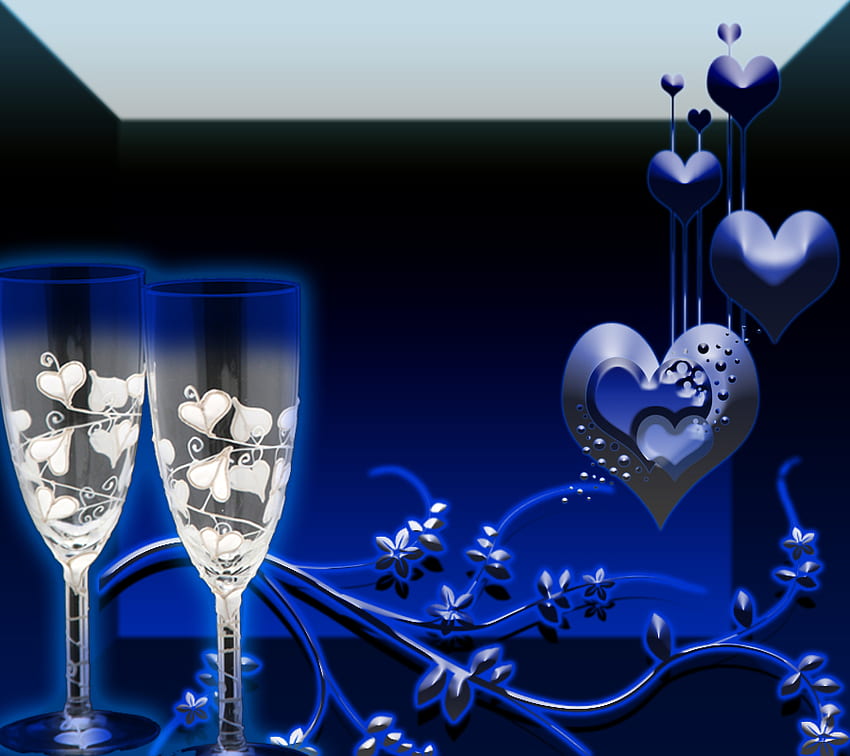 Magical Moments, blue, champaign, reflection, hearts, wine HD wallpaper