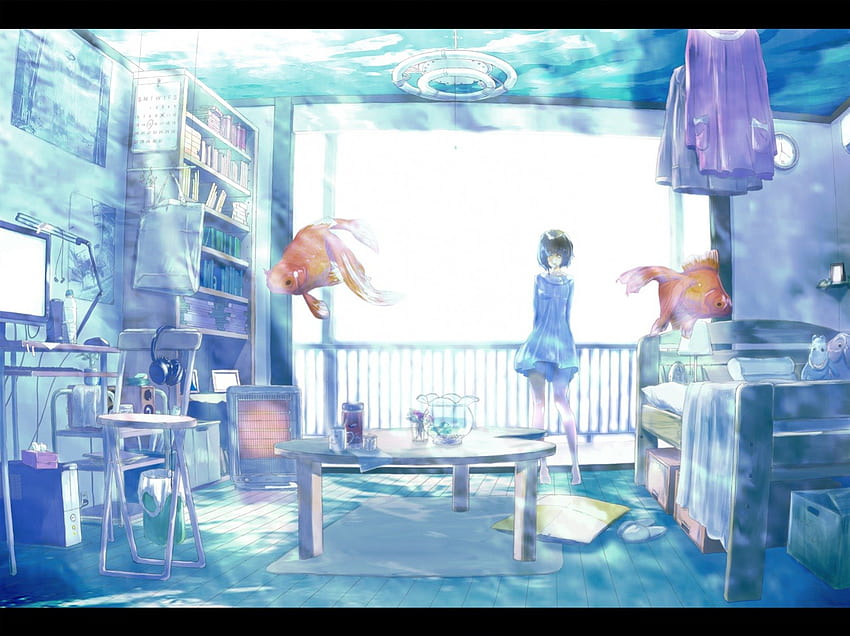 Our Lives As Goldfish, table, girl, bedroom, anime, goldfish, computer, water, bookcase, desk HD wallpaper