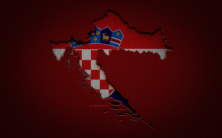 Kroatien-Karte, europäische Länder, kroatische Flagge, roter Karbonhintergrund, Kroatien-Kartensilhouette, Kroatien-Flagge, Europa, kroatische Karte, Kroatien, Flagge Kroatiens HD-Hintergrundbild