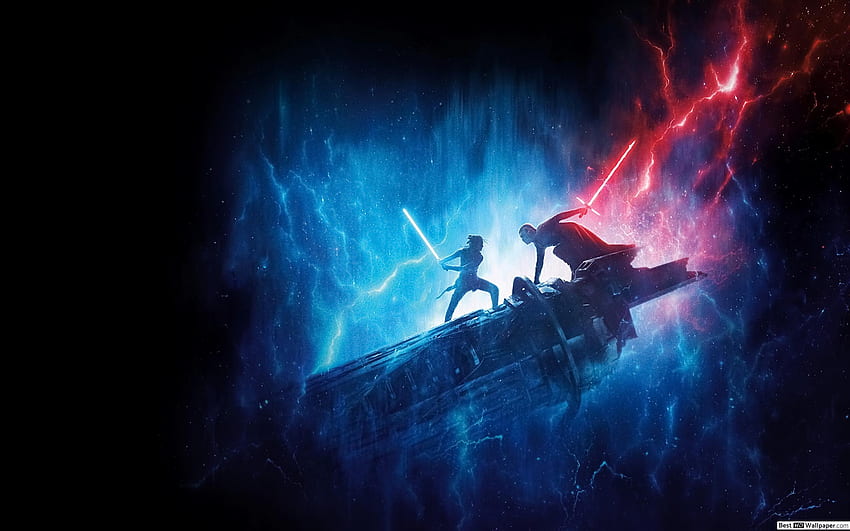 Star wars, el sable de luz azul de Rey vs, el sable de luz rojo de Kylo Ren fondo de pantalla