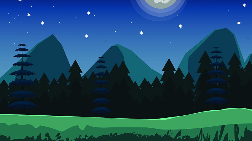 Sztuka cyfrowa noc góry drzewa tło, rysunkowe góry Tapeta HD