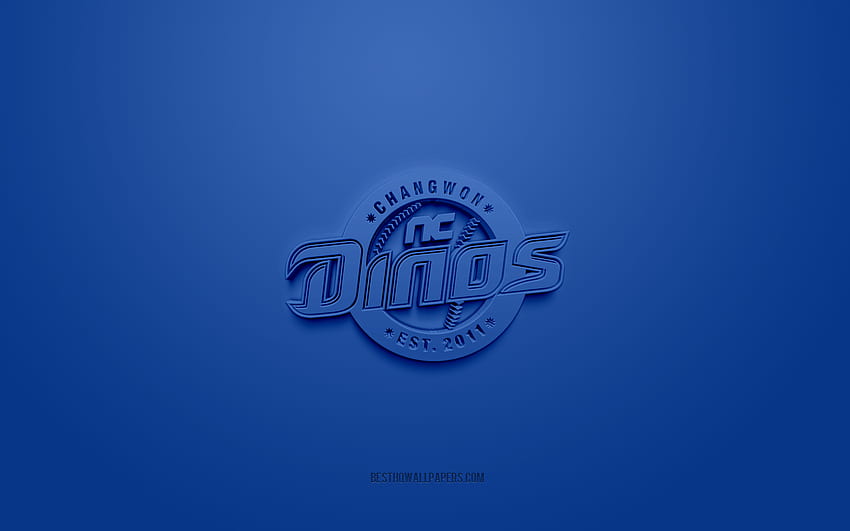 NC Dinos, creative 3D logo, blue background, KBO League, 3d emblem, South Korean baseball Club, Changwon, South Korea, 3d art, baseball, NC Dinos 3d logo HD wallpaper