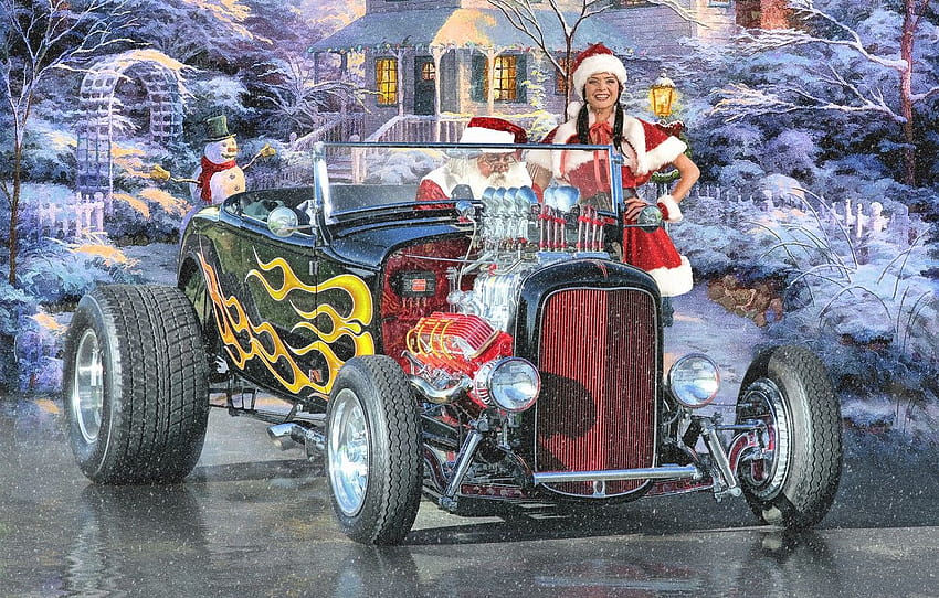 Winter, Holiday, New Year, Maiden, Santa Claus, Hot Rod, Classic Car For , Section новый год HD wallpaper