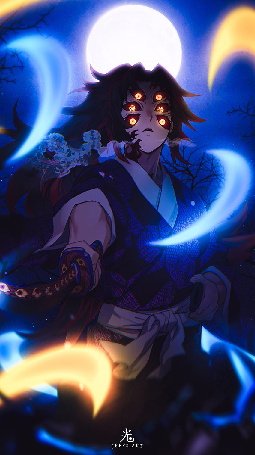 Kokushibou, demon, demon slayer, kimetsu no yaiba, moon, HD phone wallpaper