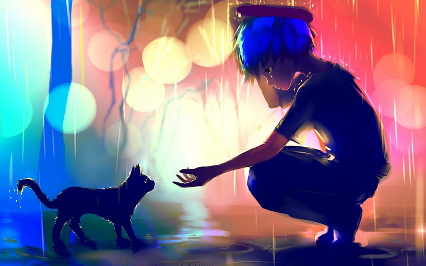 アニメの少年 - Art Boy Cat Rain Anime, Raining Anime 高画質の壁紙