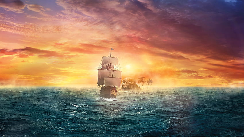 Barco pirata saliendo de la isla calavera fondo de pantalla