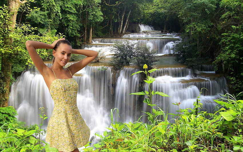 Katya Clover a una cascata, cascata, modella, natura, vestito Sfondo HD