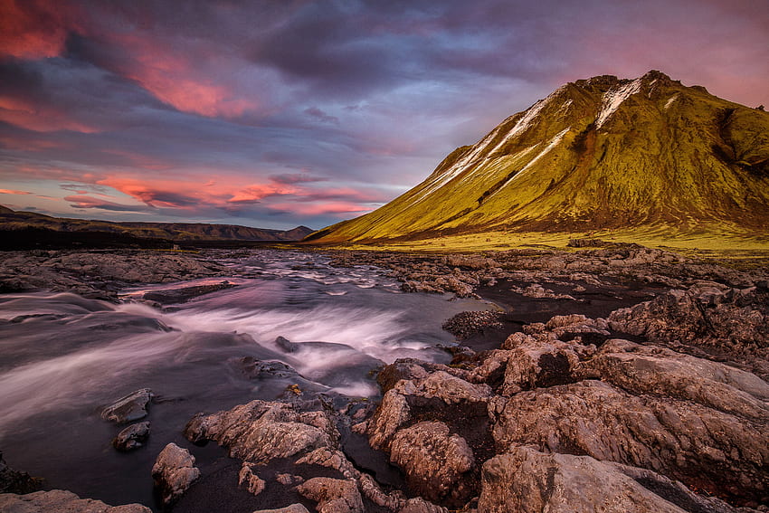 Natura, rzeki, kamienie, góry, przepływ, Islandia Tapeta HD