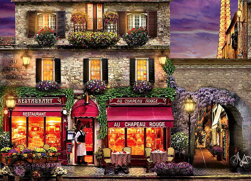 Red Hat Restaurant F, Red Hat, arquitetura, arte, França, bonita, Paisagem urbana, restaurante, obra de arte, cenário, tela larga, pintura, Paris papel de parede HD
