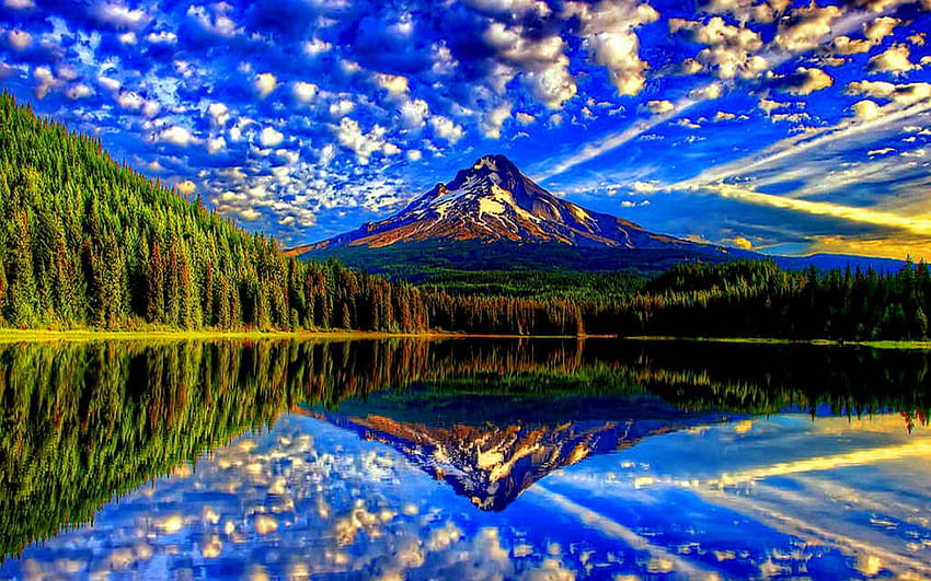 ღ.Splendid of Reflection.ღ, естествен, грандиозен, пейзаж, атмосфера, планини, природа, прекрасен, съвършен, трогателен, пейзаж, езера, дървета, невероятни, гори, небе, великолепен, великолепен, красив, отражения, облаци, великолепие HD тапет
