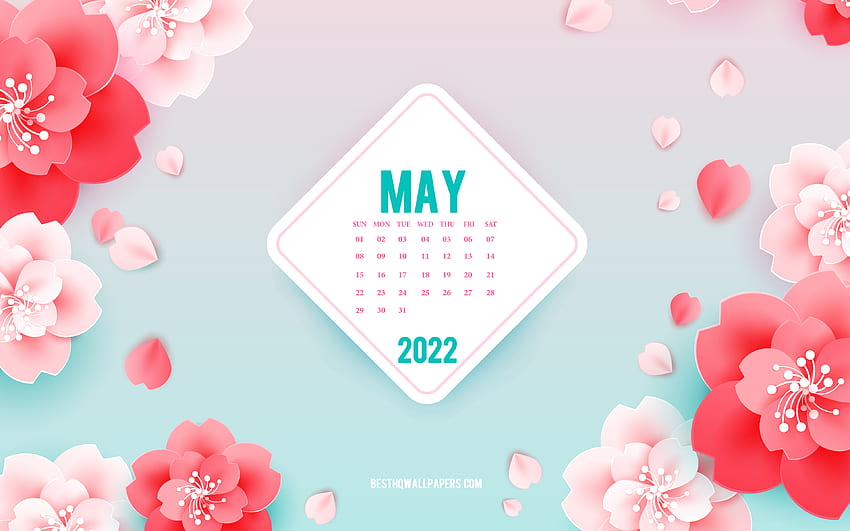 Kalendarz maj 2022, różowe kwiaty, maj, sztuka wiosny, kalendarze wiosenne 2022, wiosenne tło z kwiatami, kalendarz maj 2022, papierowe kwiaty z rozdzielczością. Wysoka jakość Tapeta HD