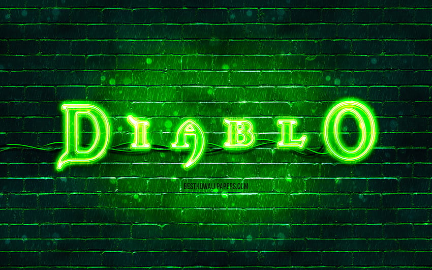 Logo verde Diablo, muro di mattoni verde, logo Diablo, marchi di giochi, logo neon Diablo, Diablo Sfondo HD