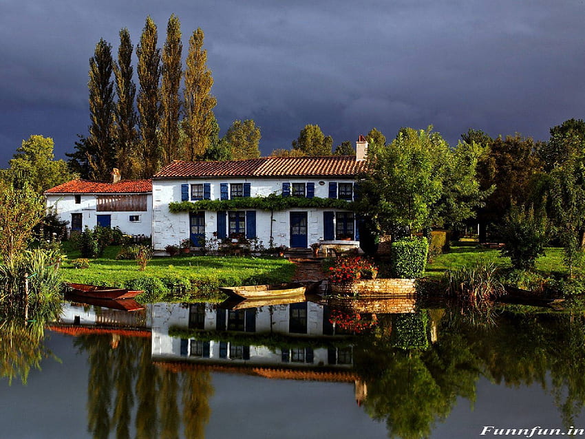 Lakeside Houses, reflection, trees, nature, houses, lake HD wallpaper