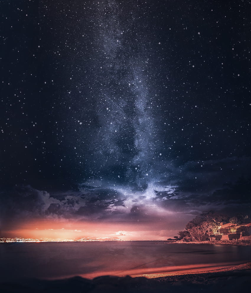 Nature, Sunset, Sea, Horizon, Starry Sky, France HD phone wallpaper