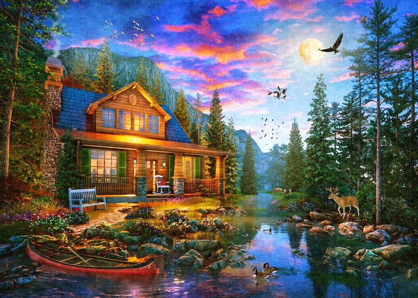 Moonlit cabin retreat, dominic davison, pictura, luna, cottage, cabin, art, dragi, painting, moon, water HD тапет