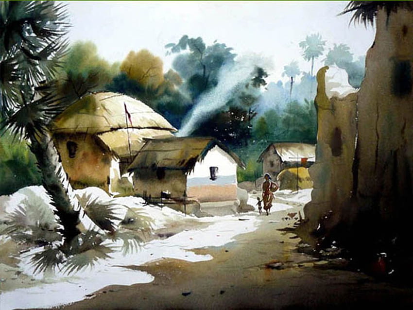 Bangladesh Village Landschaftsmalerei - Indian Village Aquarellmalerei - HD-Hintergrundbild