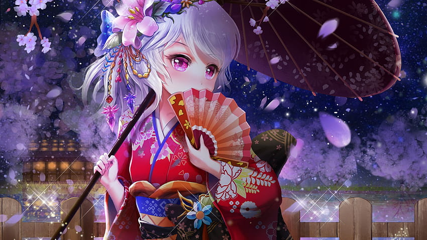 Girl, yukata, kimono, umbrella, fan, sakura, anime - 8 HD wallpaper