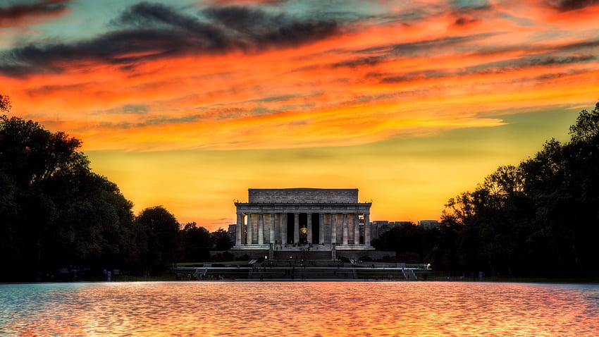 Zachód słońca w Lincoln Memorial, architektura, Abraam Lincoln, grafika, memoriał, kraj, pomnik, USA, piękny, Lincoln, sceneria, szeroki ekran, Wahington DC Tapeta HD