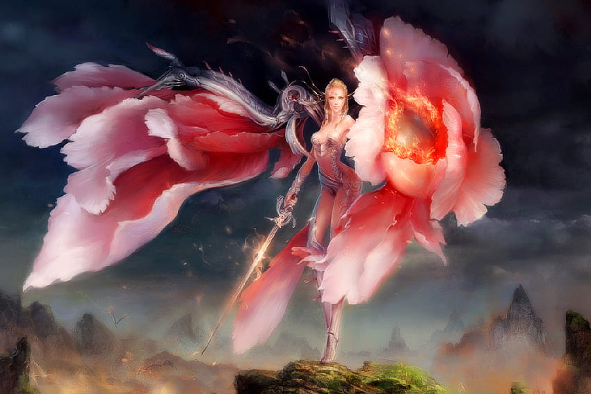 情熱の女神、夜、勇敢、剣、エルフ、闇、鎧、ファンタジー、情熱、飛ぶ、ブロンドの髪、戦士、女性 高画質の壁紙