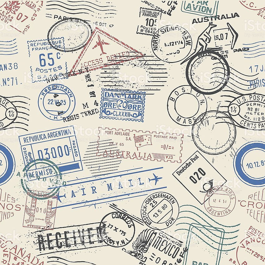 безшевни векторни пощенски марки. Печат за пътуване, печат, печати на паспорти HD тапет за телефон