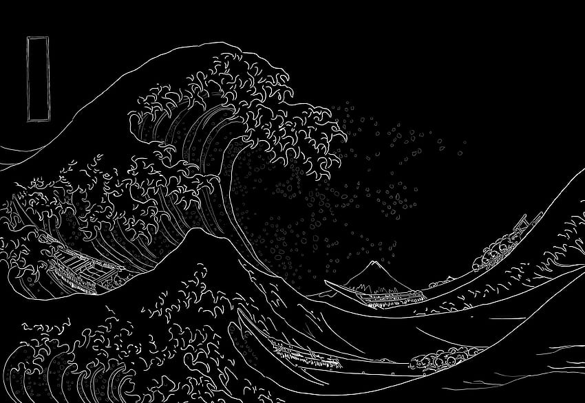 Japón, pinturas, olas, barcos, vehículos, The Great Wave off, Japanese Black and White fondo de pantalla