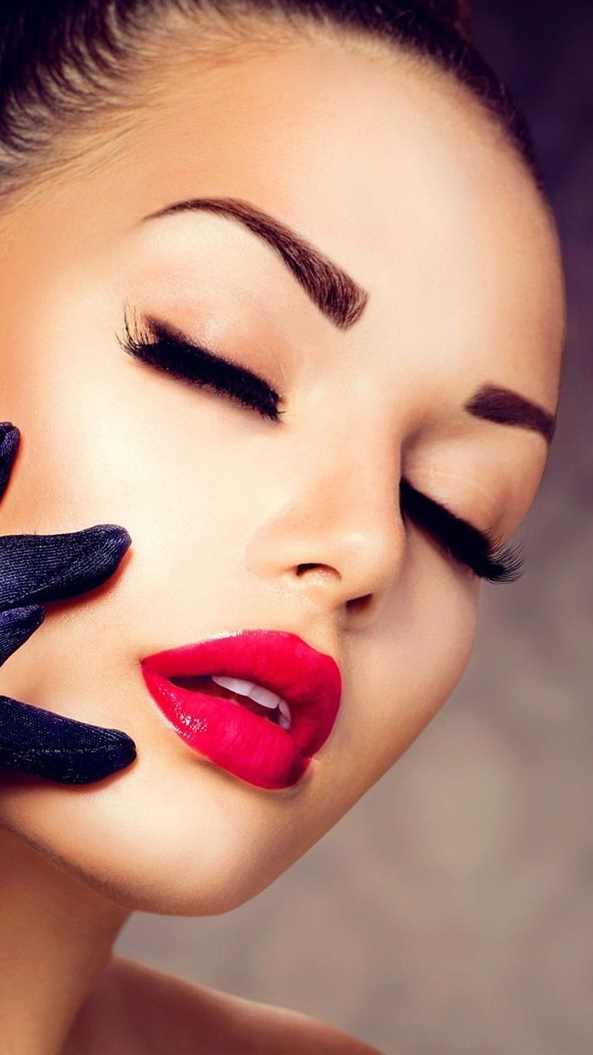 Girl makeup, red lipstick, eyelashes, gloves, diamond ring HD phone wallpaper