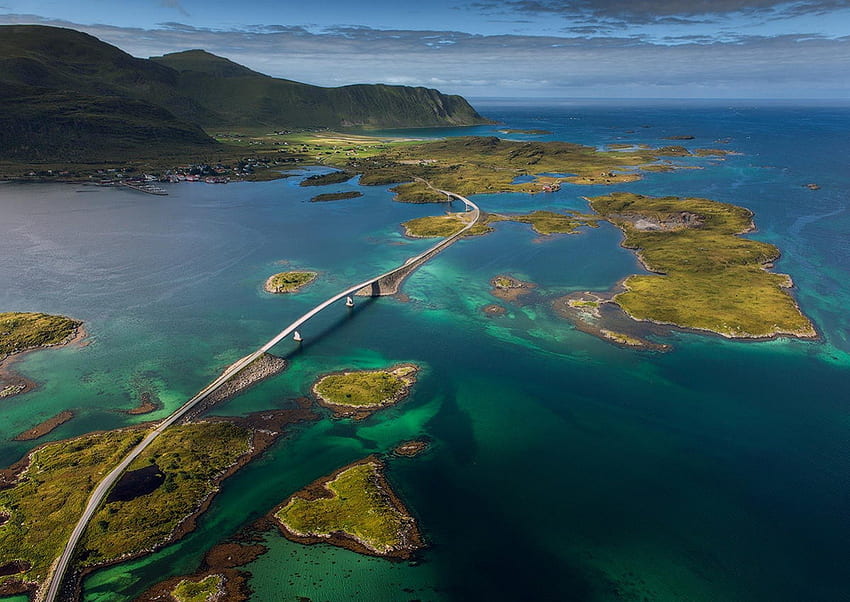 LOFOTEN ISLANDS, NORWAY, blue, landscapes, highways, hills, cities, bridge, water, ocean HD wallpaper