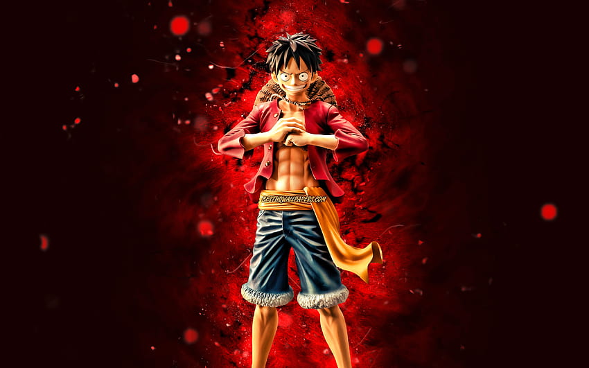 Monkey D Luffy, protagonists, One Piece, anime characters, manga, One Piece characters, protagonist, red neon lights, Straw Hat Luffy, Monkey D Luffy One Piece HD wallpaper