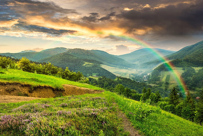 Rainbow over mountain hills, hills, slope, beautiful, grass, mountain, rainbow, valley, clouds, view, sky HD wallpaper