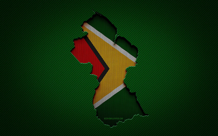 Guyana map, , South American countries, Guyanese flag, green carbon background, Guyana map silhouette, Guyana flag, South America, Guyanese map, Guyana, flag of Guyana HD wallpaper
