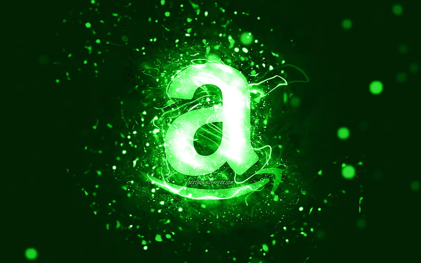 Amazon green logo, artwork, green abstract background, Amazon logo, green neon lights, brands, Amazon HD wallpaper