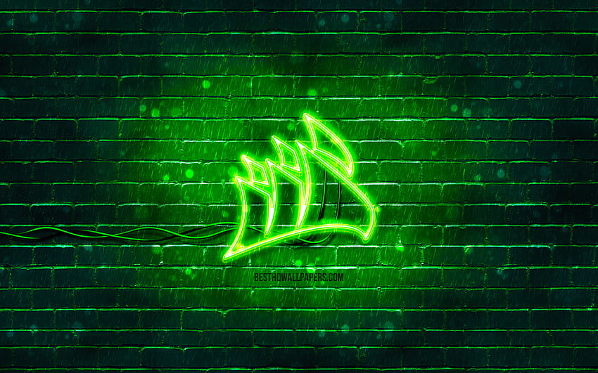 Corsair zielone logo, , zielony mur, logo Corsair, marki, neonowe logo Corsair, Corsair Tapeta HD