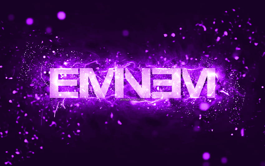 Eminem violet logo, , american rapper, violet neon lights, creative, violet abstract background, Marshall Bruce Mathers III, Eminem logo, music stars, Eminem HD wallpaper