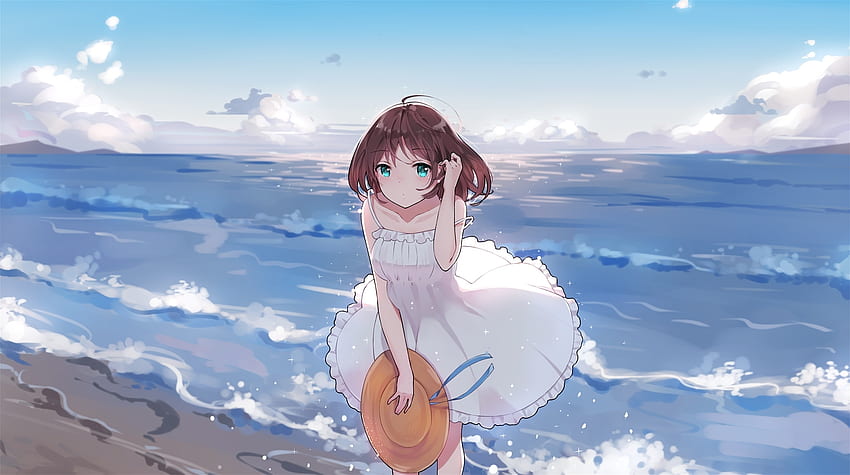 Na zewnątrz, nad morzem, urocza dziewczyna z anime Tapeta HD