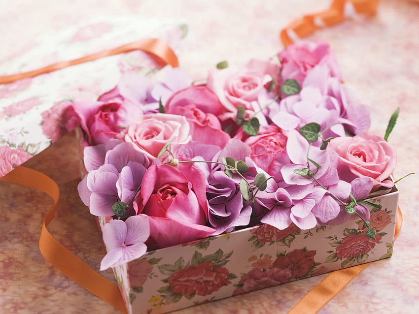 Fiori, rose, scatola, regalo, presente, nastro, capsula Sfondo HD
