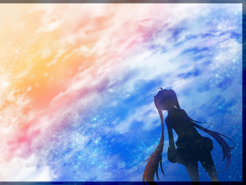 Staring into Space, blue, colorful, awesome, vocaloid, beauty, nice, miku, vocaloids, hatsune, thighhighs, skirt, hatsune miku, twintail, beautiful, orange, anime, pretty, red, cool, clouds, space, sky, virtual HD wallpaper