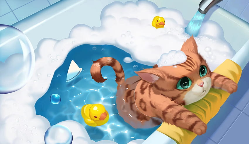 :), blue, bath, fantasy, pisici, cute, cat, zhang ben, water HD wallpaper