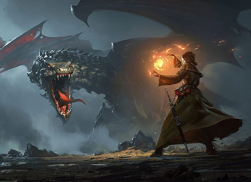 Fantasy, Wizard, Dragon, Fight, Art, , , Background, A1c9cf, Dragons and Wizards HD wallpaper