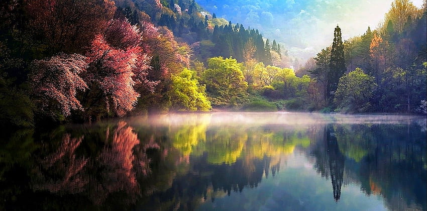 Koreańska przyroda, wiosna, wschód słońca, mgła, jezioro - Korea Południowa Natura i tło, rzeka Korea Tapeta HD