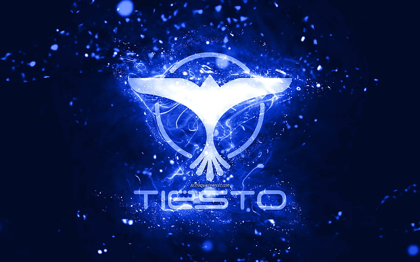 ciemnoniebieskie logo Tiesto, holenderscy DJ-e, ciemnoniebieskie neony, kreatywne, ciemnoniebieskie abstrakcyjne tło, logo DJ Tiesto, Tijs Michiel Verwest, logo Tiesto, gwiazdy muzyki, DJ Tiesto Tapeta HD