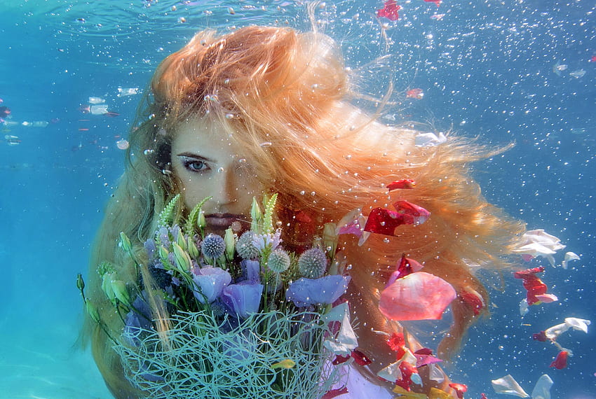 ღ, ดอกไม้, ว่ายน้ำ, สาว, หัวแดง วอลล์เปเปอร์ HD