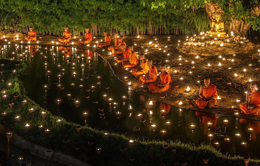 acqua, notte, candele, Buddha, preghiera, buddismo, monaci, tempio buddista per , sezione настроения Sfondo HD