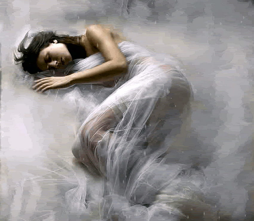 Peaceful dreams, white, clouds, peaceful, woman, beauty, sleep HD wallpaper