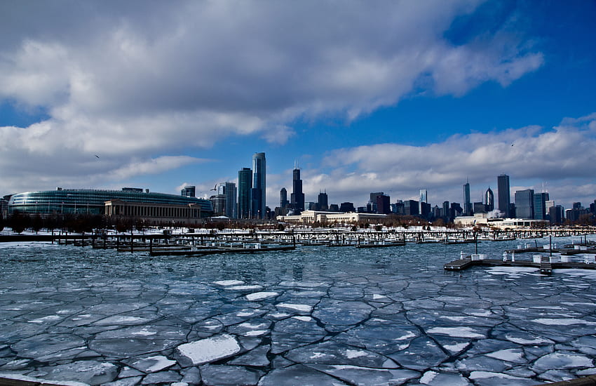 Cities, Winter, Ice, Usa, Building, Skyscrapers, United States, Port, America, Ice Floes, Chicago, Illinois, Zdnia, Zleds HD wallpaper