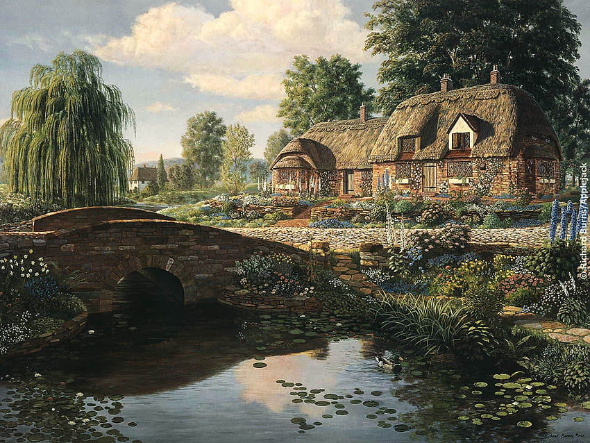the cottage, bridge, cottage, reflection, pond HD wallpaper