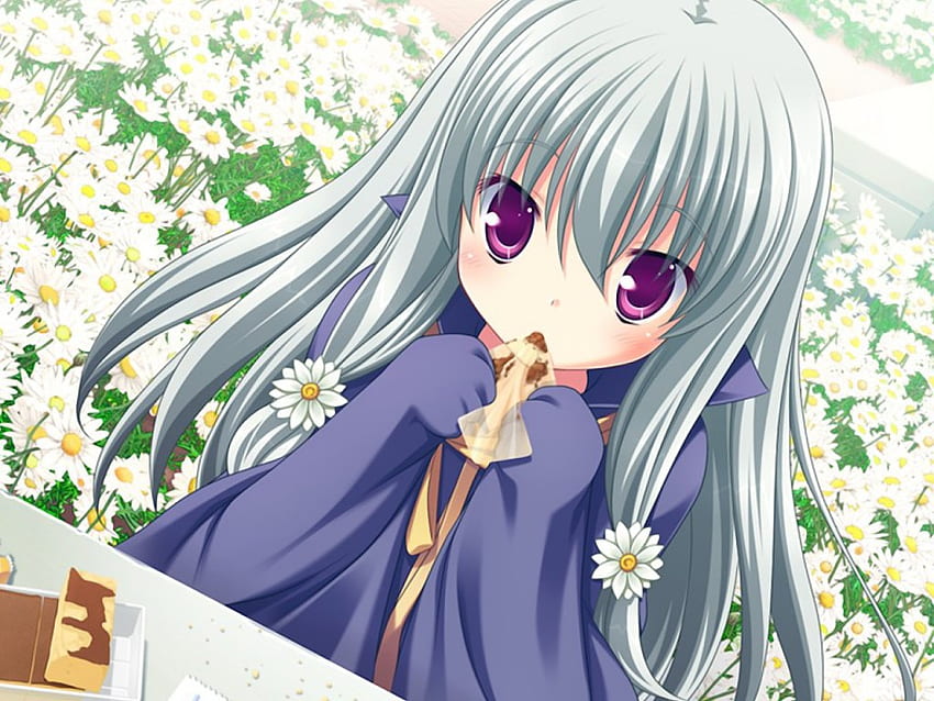 Margaret, Anime-Mädchen, Anime, Blume, Grün, Margeritenkugel HD-Hintergrundbild