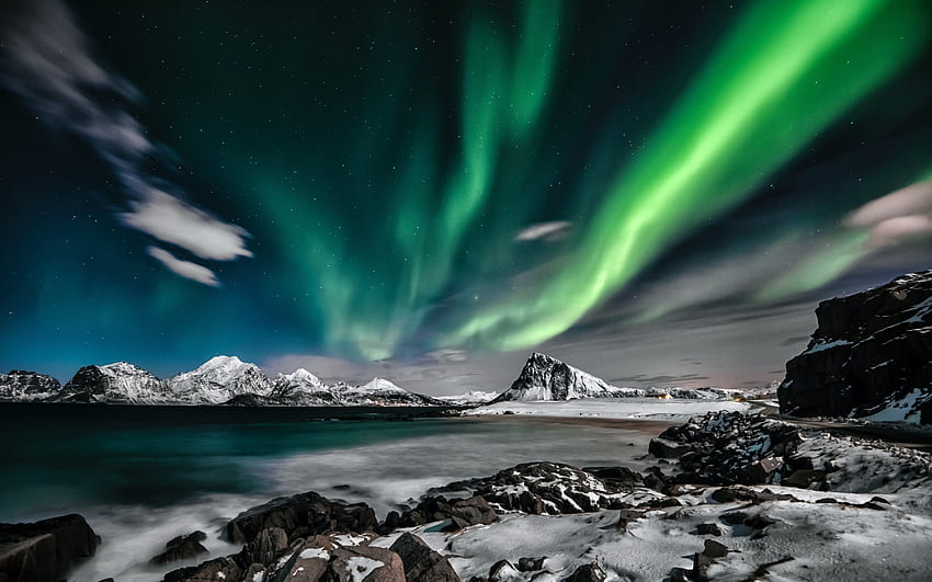 northern lights, fjords, night, lights in the sky, winter, mountain landscape, Lofoten Islands, Norway HD wallpaper