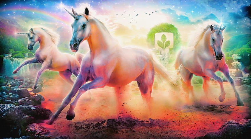 Fantasy, Stones, Horses, Unicorns, Rainbow, Wood, Tree, Emblem HD wallpaper