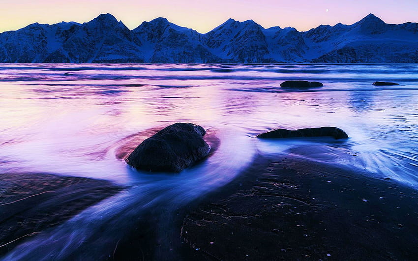 Icy Coast, Northern Norway, winter, water, rocks, ice, sunset HD wallpaper