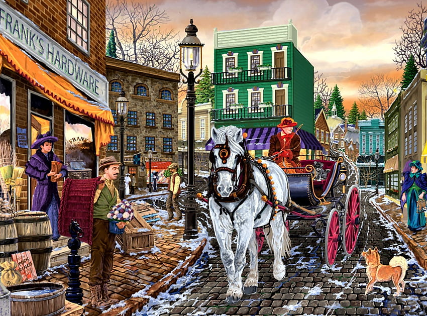 Frank's Hardware Store F1, dog, horse, architecture, art, beautiful, cityscape, people, artwork, scenery, wide screen, painting, equine, canine HD wallpaper
